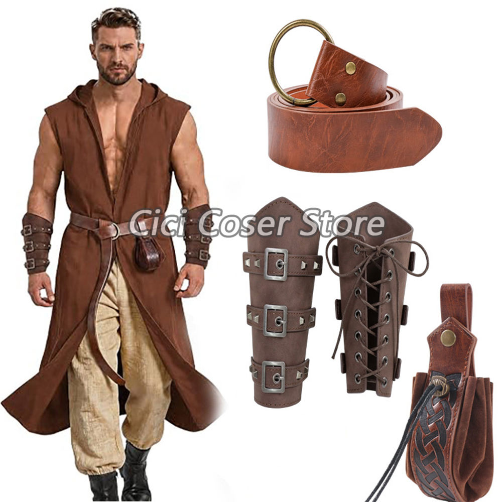 Costumes - Middeleeuwse PU lederen riem, armbanden, heuptas